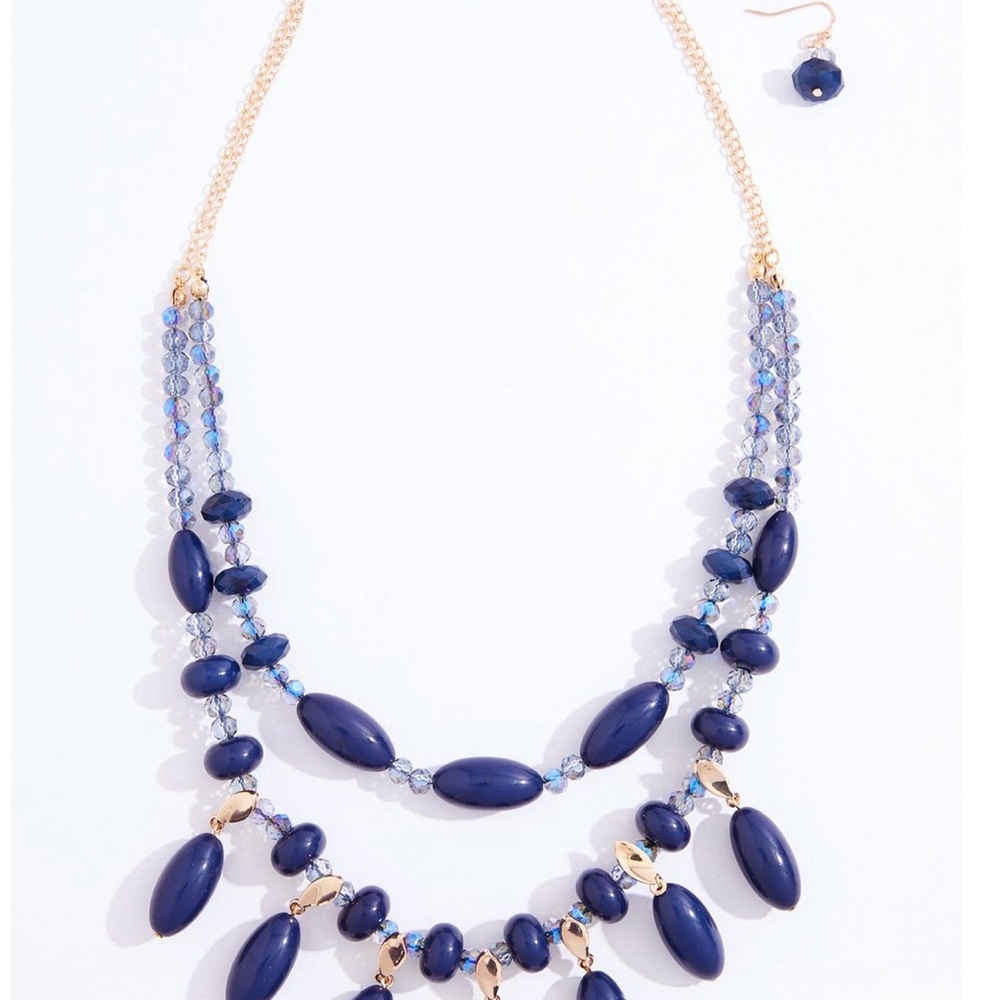 Blue Multi-Strand Beaded Statement Necklace set